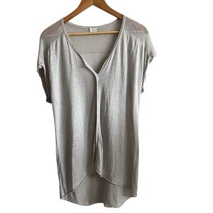 Poetry 100% Linen Mesh Shoulder V-Neck High Low Knit Top Grey SZ 6 Coastal